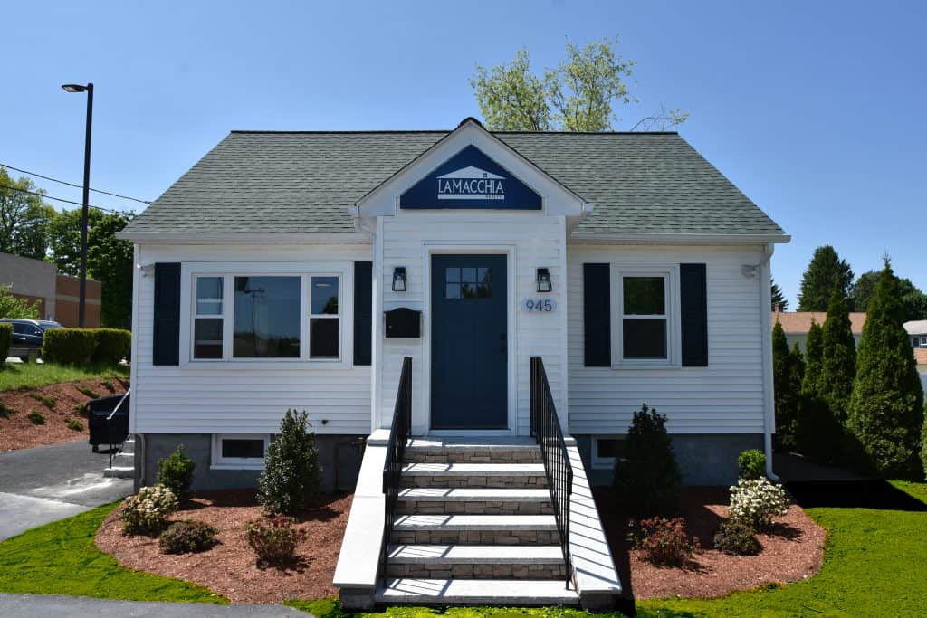 front of Lamacchia Realty office in Worcester ma