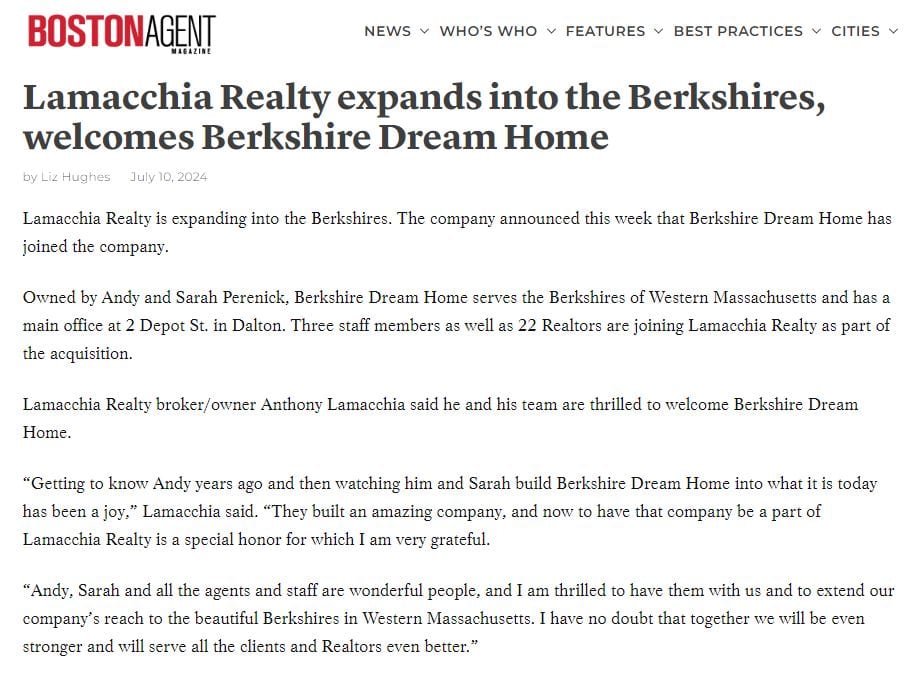 Boston Agent Magazine Features Lamacchia Realty's Expansion into the Berkshires.